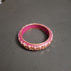 Vintage Indian Domed Ornate Traditional Bangle Bracelet Decorated With Geometric Goldtone Accents & Small White Crystals 
