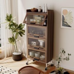 Wood Bakers Rack, Acrylic Cabinet Doors, Industrial 4-Tier Stand with Storage Shelf, Freestanding Farmhouse Coffee Bar Cabinet, Kitchen Microwave Stan
