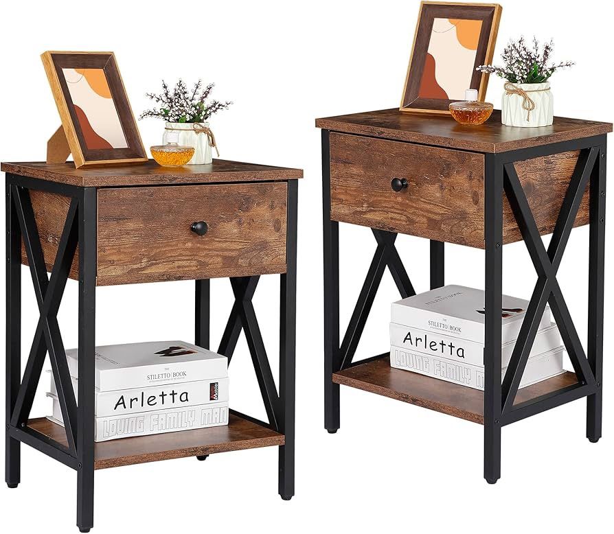 ZENY End Table Set of 2, Side Table with Drawer, X-Design Versatile Small Table for Living Room, Bed