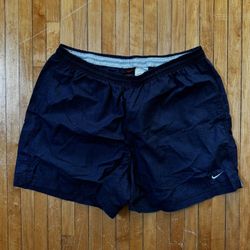 VTG 90s Nike Small White Swoosh Men’s Nylon Navy Blue Shorts Sz. L