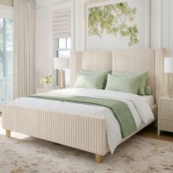 Queen Size Bed Frame with 51" Tall Headboard, Upholstered Corduroy Platform Bed,