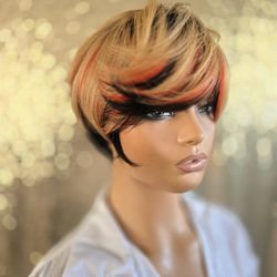 Blonde Mixed Red Black  Pixie Human Hair Wig New 8" New 
