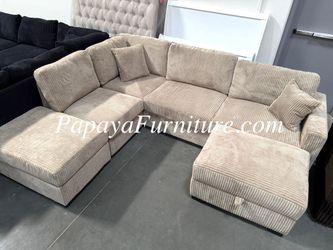 NEW Reversible Chaise Sectional Couch and Storage Ottoman Set Left or Right Chaise Tan Fabric Dark Grey Discount Furniture Clearance SALE Apartment