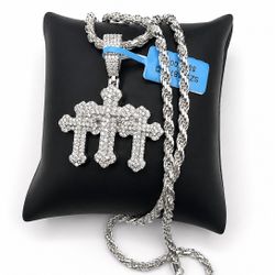 925 Sterling Silver 2.75CT MOISSANITE Triple Cross Pendant Necklace Size 22”