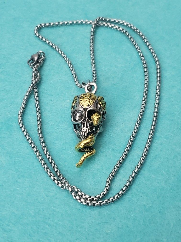 Silver And Gold Tone Metal Skull And Snake Halloween Goth Necklace