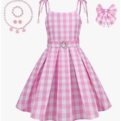 Girls Pink Plaid Dress Outfit w/ Belt, Hair Bow & Jewelry Set – Size 2T–3T