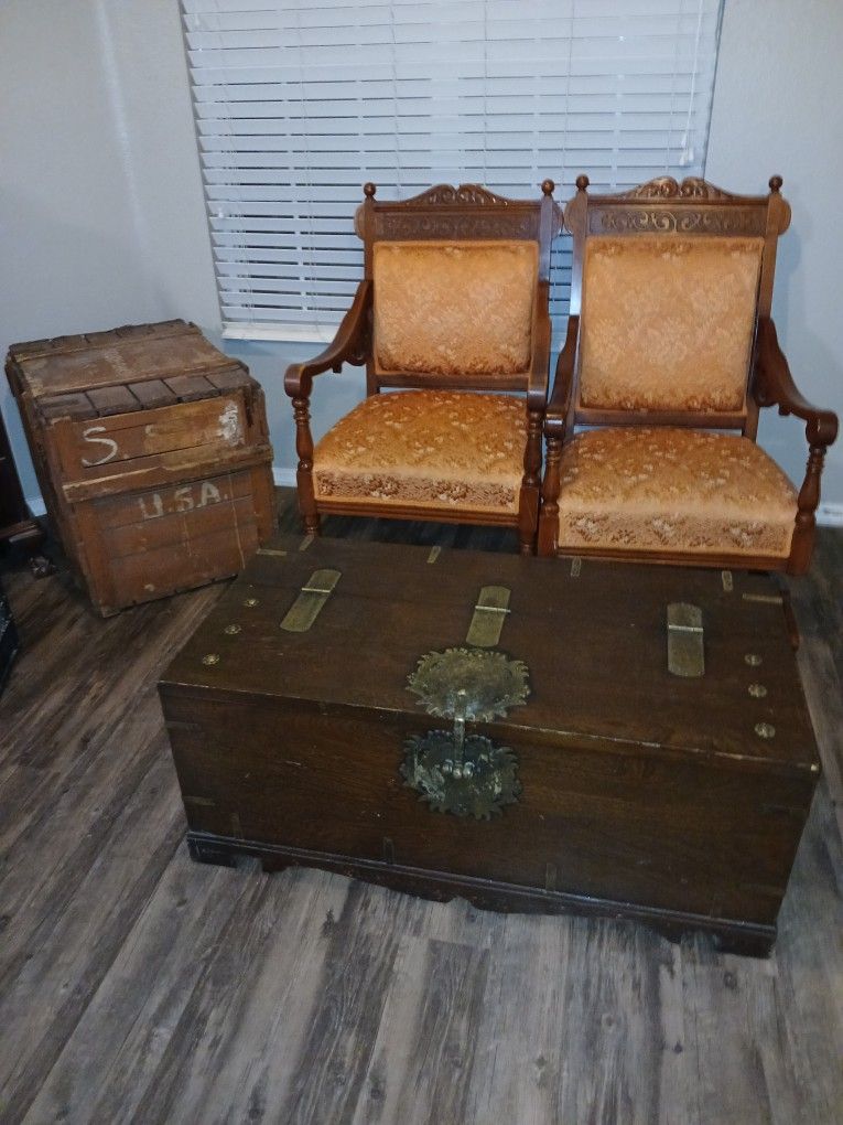 Antique Solid Wood Asian Trunk With Brass Fittings And Hardware