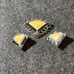 Enameled Brooch And Clip Earrings 