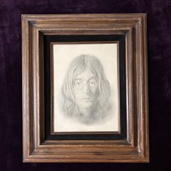 John Lennon Portrait, Hand Drawn, Black Velvet Border in Wood Frame, Mid 1980’s