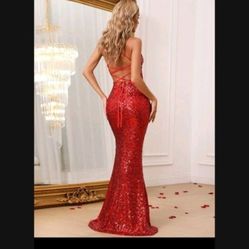 Split Thigh Backless Sequins Cami Prom Dress