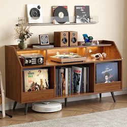 B982 $120  55 Inch Record Player Stand with LED Light, Modern Vinyl Record Storage Cabinet with 2 Drawers & Open Shelves, Holds up to 500 Albums, Turn