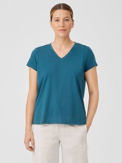 NWT $78 Eileen Fisher Blue Spruce Organic Cotton V-Neck Tee Top