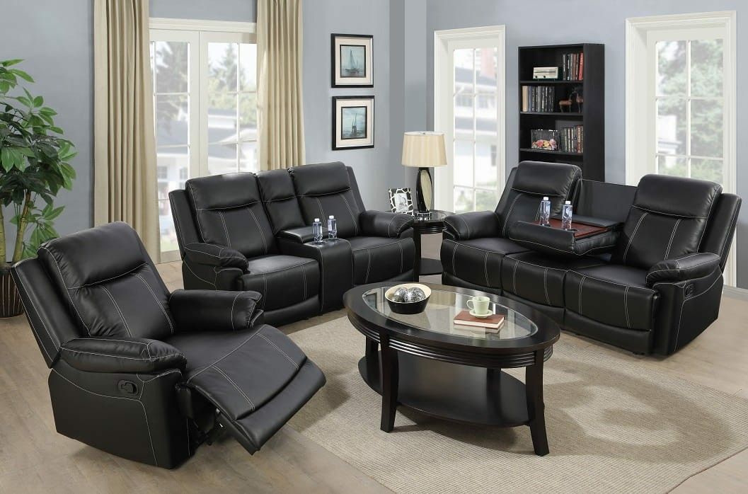 Brand New Black Leather Baseball Stitched 3pc Reclining Set With Storage Compartments A Drop Down Table & Built In Cup Holders 