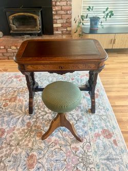 Antique Victorian Burl Wood Writing Desk with Stool