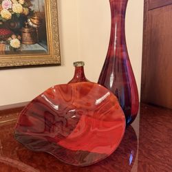 2 Tall And Short Red Swirl Fluted Glass Vases And Hand blown Red Ruffle Decorative Bowl