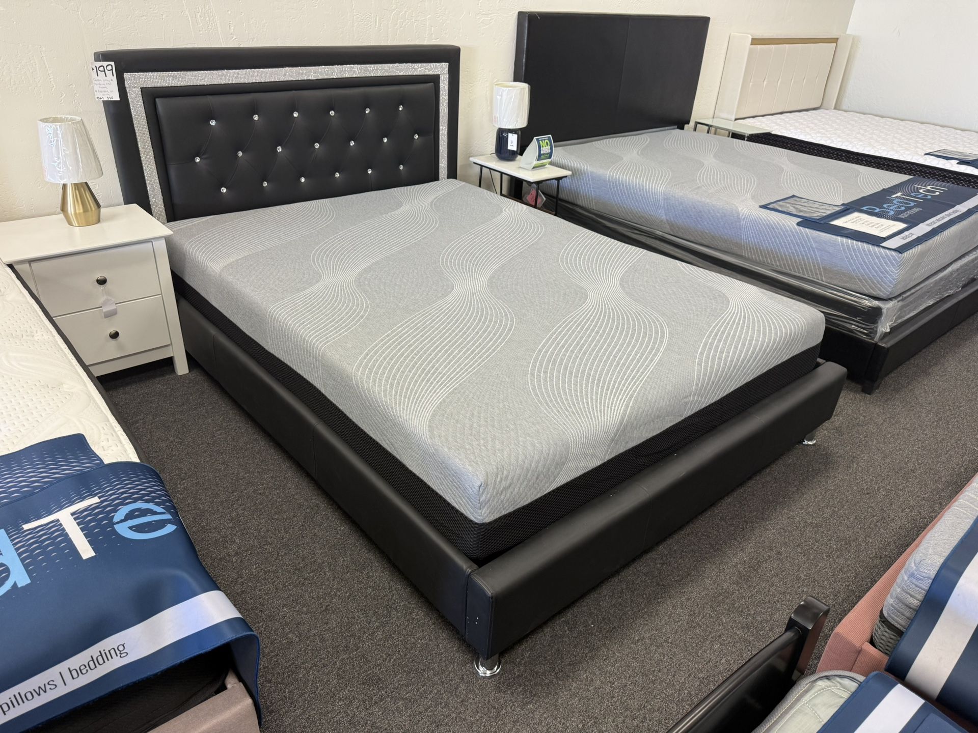 Queen Bed Frame In Black Leather With Diamonds No Box Spring Needed 