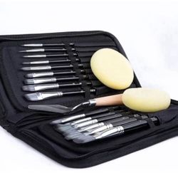 15 pcs Paint Brush Set Includes Pop-up Carrying Case with Palette Knife and 2 Sponges