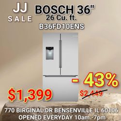 ❄️New Bosch 36" 100 Series 26 cu.ft. Smart Standard Depth French Door Refrigerator B36FD10ENS