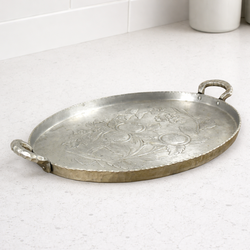 Handmade & Forge Hammered Metal 14.5” Oval Tray Floral Motif MCM Decor