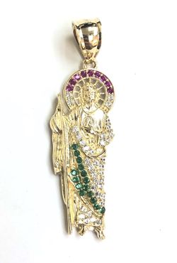 Micro pave zirconia saint judas religious pendant 14K REAL YELLOW GOLD.