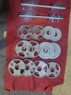 OLYMPIC 2" HOLE.  PLATES 50LBs. TOTAL. 8-5s  4-2.5s WITH DUMBBELL HANDLES 
11525 S HALSTED /7111.S WESTERN 
80$  CASH ONLY AS IS