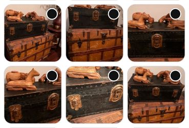 ‼️TWO GORGEOUS ANTIQUE STORAGE TRUNKS + Hand carved figures & furniture4 sale ‼️Please, check my other listings &FOLLOW