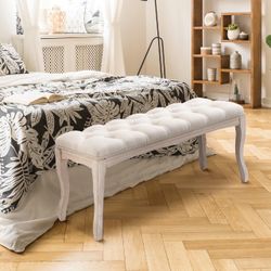 Entryway Bench, Fabric Ottoman Foot Stool End of Bed, Wood Dining Bench (Beige)