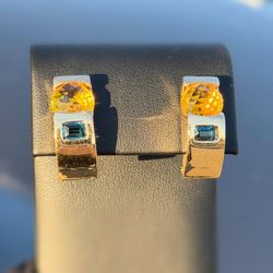 14k solid yellow gold clip-on Natural Oval 7CTW Citrine & 1.1CTW Blue Topaz Emerald cut stone Earrings