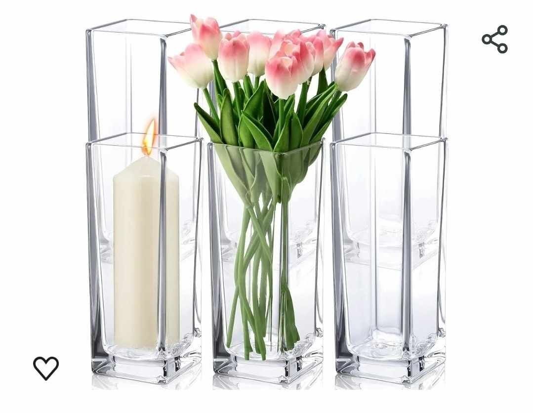 NEW 6 Pcs Square Glass Vases Clear Cube Flower Vase Tall Rectangle Decorative Candle Holders Floral Arrangement Vase for Table Centerpieces