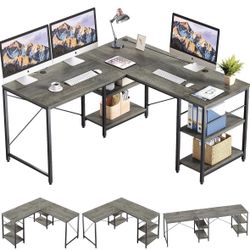 Bestier L Shaped Desk with Shelves,Reversible Corner Computer Desk or 2 Person Long Table for Home Office