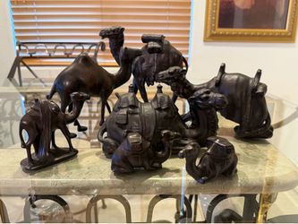 Set of 7 Dark Bronze Camel Figurines - Desert Caravan Decor