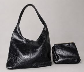 Black Slouchy Hobo Shoulder Bag w/ Matching Zip Wristlet Faux Leather