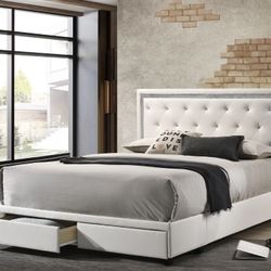 Faux Leather Storage Platform Bed, White, Twin Size Full Size & Queen Size