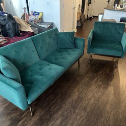 Velvet Emerald green With Gold Legs And Base Love Seat Futon 