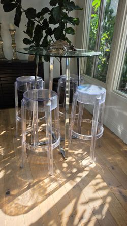 Modern glass hi top table and 4 ghost chairs