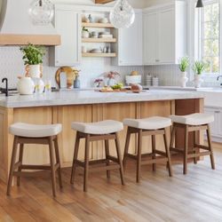 Set of 4 Bar Stools, Seat Counter Height Bar Stools, 24 Inch Farmhouse Counter Stools, Linen Fabric