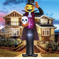 12FT Giant Halloween Inflatables Decorations Pumpkin Vampire Holding Skull