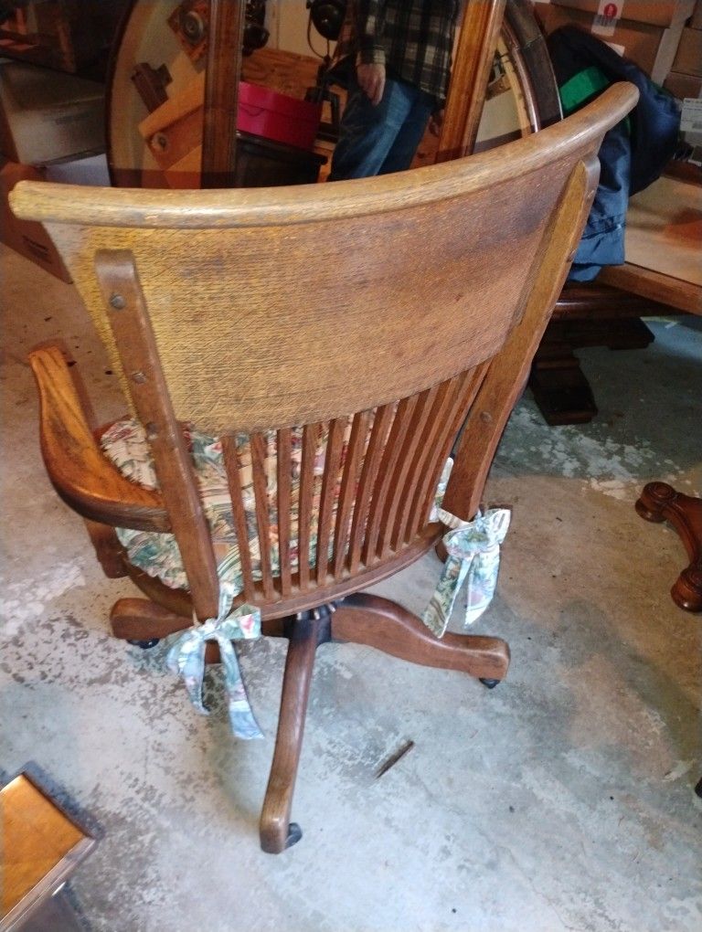 Vintage Wooden Rocker Desk Table Chair Oak Tall Back Swivel Chair