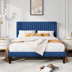 Full Size Velvet Upholstered Platform Bed Frame with Adjustable Vertical Channel Tufted Headboard, Navy Blue