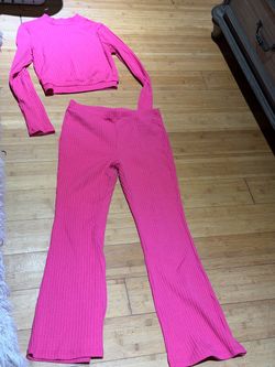 Pink Ribbed Crop Top and Flare Pants Set
