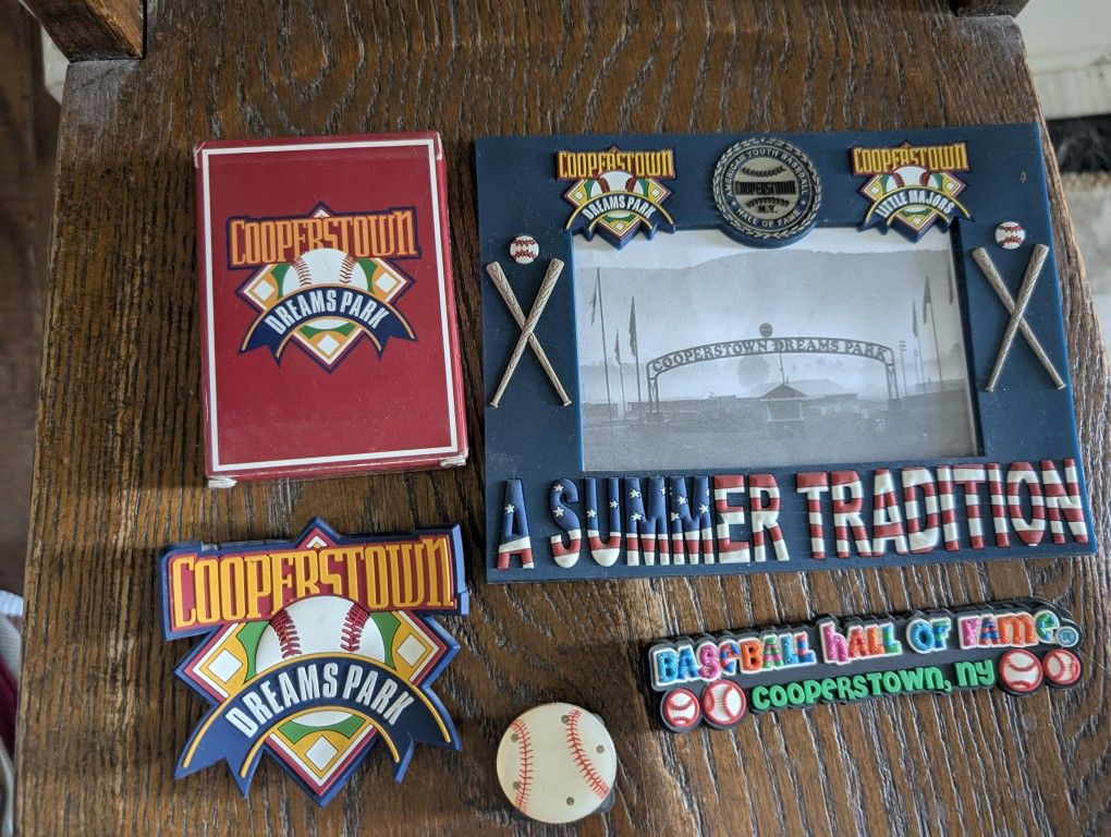 COOPERTOWN Bundle, PICTURE FRAME Magnet, Coopertown, NEW YORK MAGNET , a Smaller Cooperstown Magnet, a Pack Of Playing Cards. A Flashing Baseball Pin