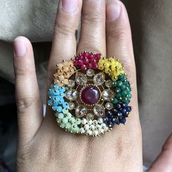 Polki Pearls Multicolor Adjustable Ring Pakistani Indian Jewelry 