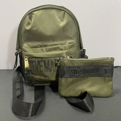Steve Madden Olive Army Green Small Backpack Zip Inside Pockets W/ Coin Purse.