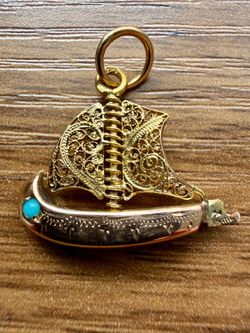 Vintage 800 Gold Sailboat Pendant Filigree 19K Turquoise Nautical Charm