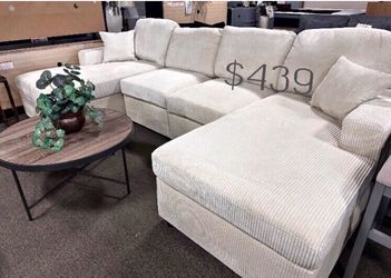 U shape sectional sofa ivory corduroy fabric material
