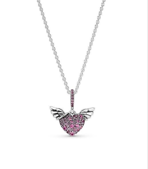PANDORA MOMENTS PINK AND SILVER HEART & ANGEL WINGS NECKLACE.