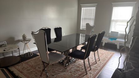 Black Glass Dining Table with 6 Chairs Expandable