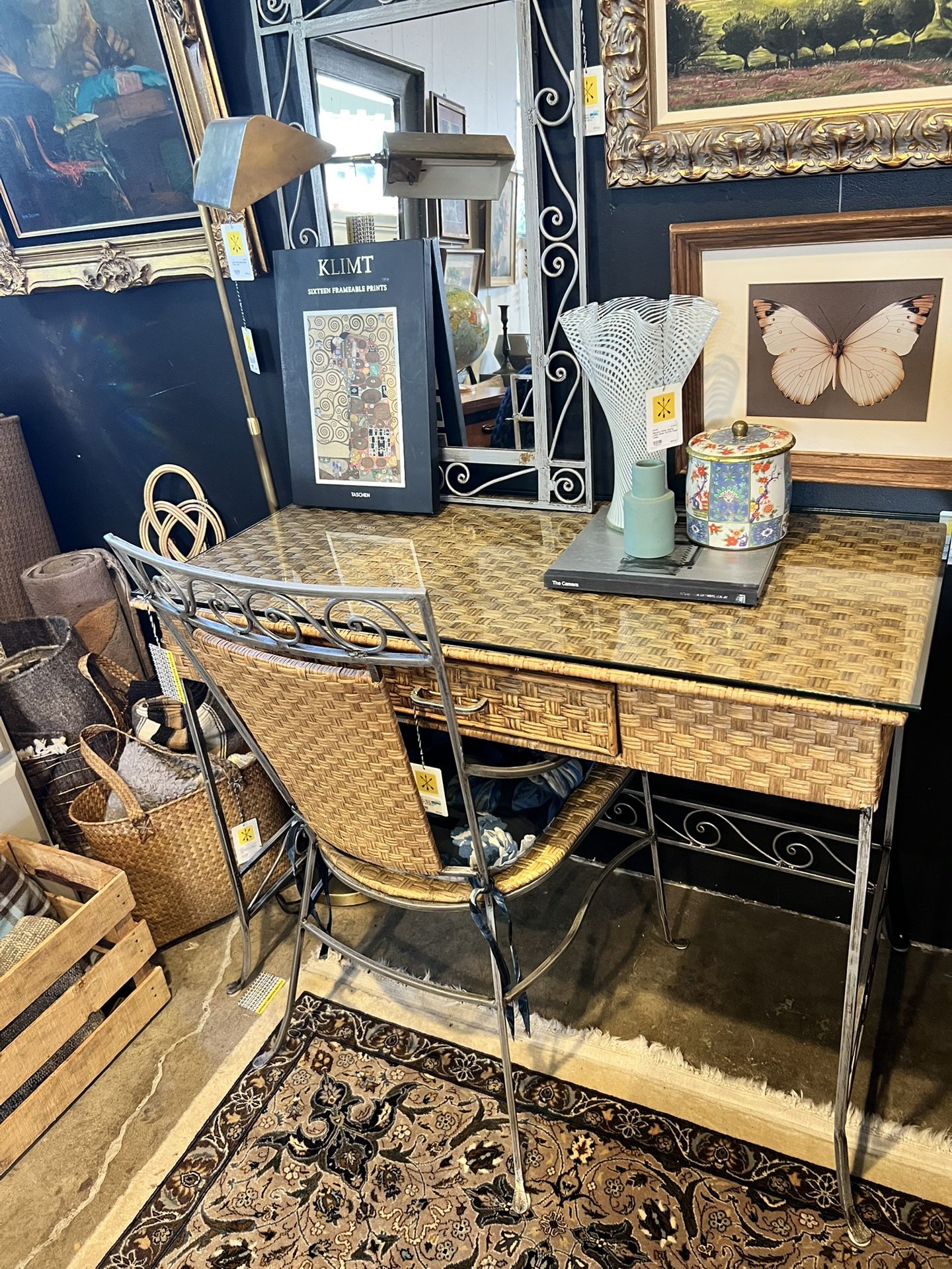 FINAL SALE SET (3 PC) Wicker Metal Desk Chair And Mirror