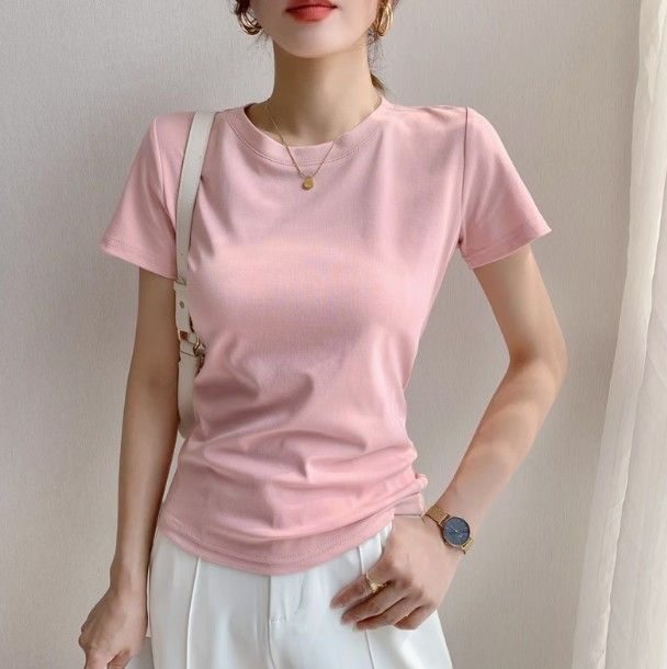 White short-sleeved front-shoulder t-shirt made of pure cotton for women
