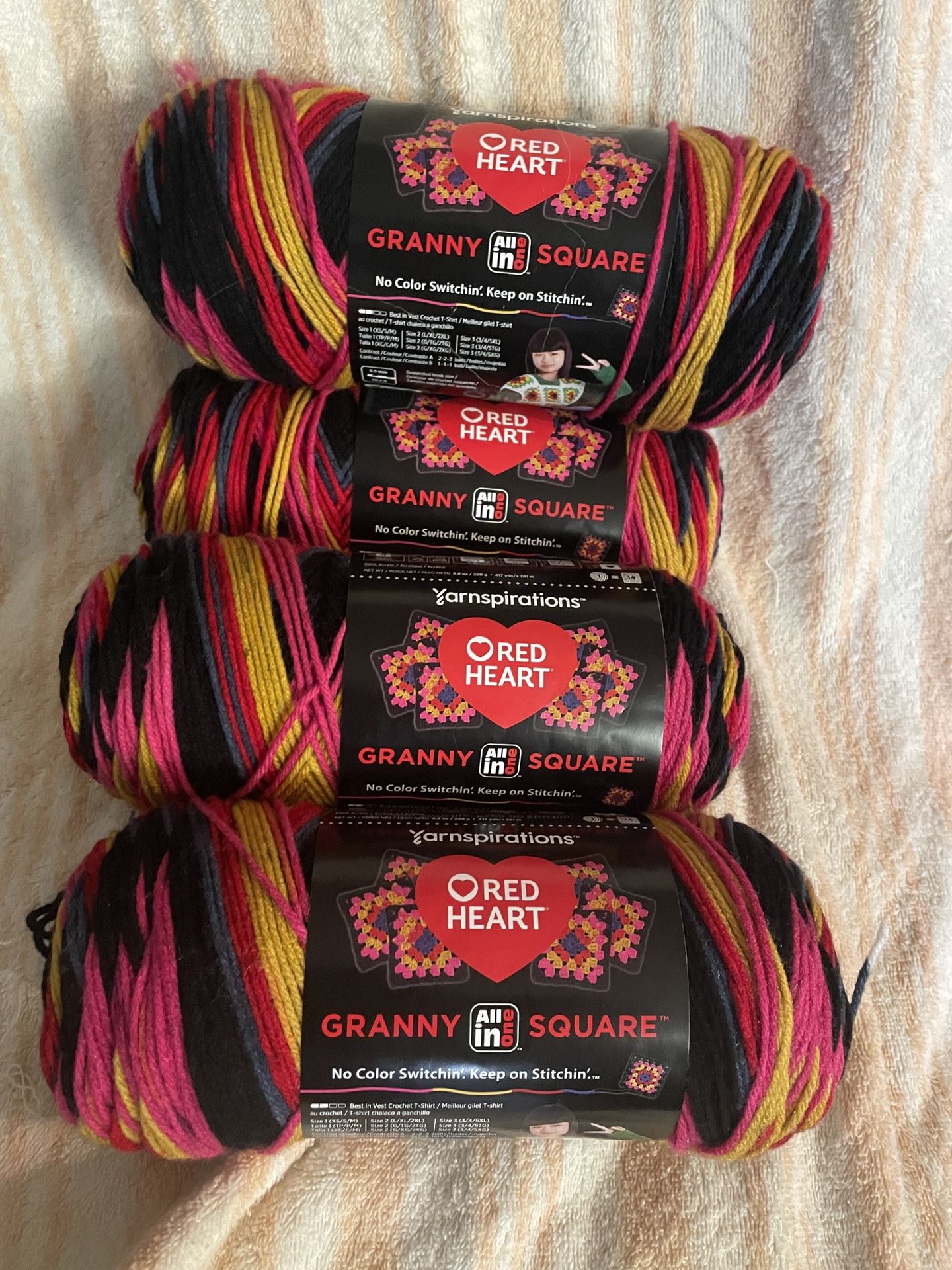 4 Skeins Red Heart Granny Square Yarn Color: Black - Scarlet Sands